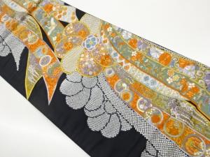 鬘帯に花々・鶴・古典柄模様織出し袋帯